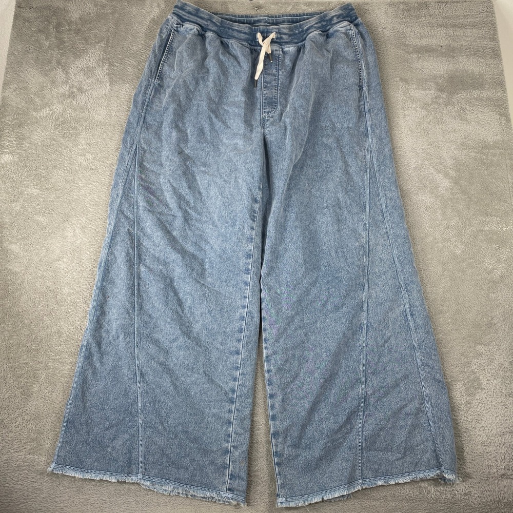 Aerie Wide Leg Denim Pants Womens XL Blue Drawstring Raw Hem Pull On